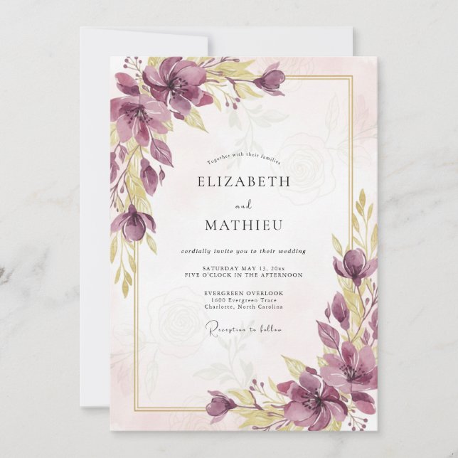 Pflaumen-Lavendel-Mohn-Hochzeit Einladung (Vorderseite)