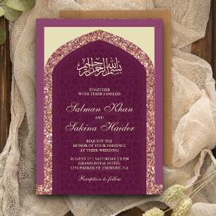 Pflaumen-Mauve-Roségold-Glitter-Mihrab-Muslim-Hoch Einladung