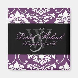 Pflaumen-Monogramm Damast-Hochzeit, Magnete