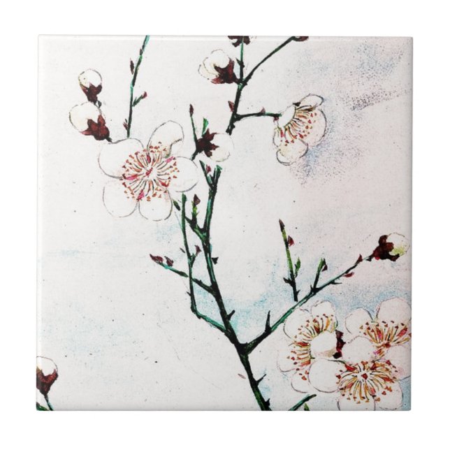 Pflaumen-Niederlassungen mit Blüten Ukiyo-e Asien Fliese (Vorderseite)