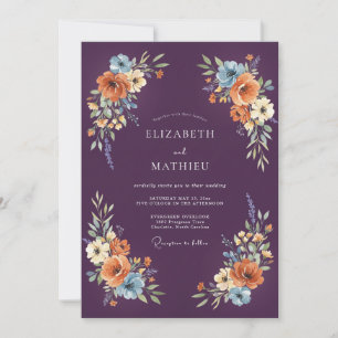 Pflaumen-Orange-Blumen-Aquarell-Hochzeit Einladung