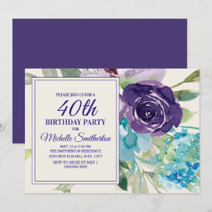 Pflaumen-Pfirsich-Blaues Wasserfarben-Blumen 40. G Einladung