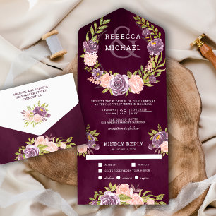 Pflaumen-Pfirsich-Rosa-Blumen-Girlande Hochzeit All In One Einladung