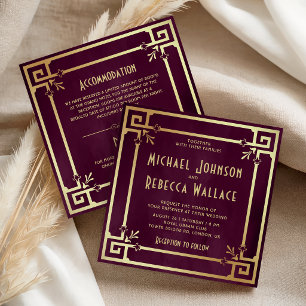 Pflaumen-Purple-Gold Art Deco All-in-One-Hochzeit Einladung