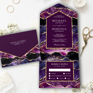 Pflaumen-Purple-Gold-Glitter-Agate-Marmor-Hochzeit All In One Einladung