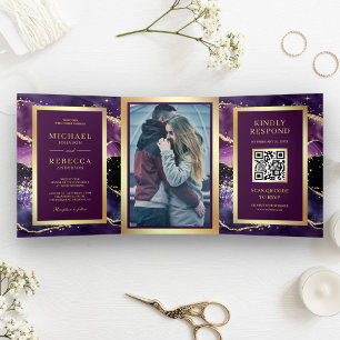 Pflaumen-Purpur-Gold-Achat-Marmor-QR-Code-Hochzeit Dreifach Gefaltete Einladung