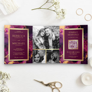 Pflaumen-Purpur-Gold-Flüssigtinte QR-Code Hochzeit Dreifach Gefaltete Einladung