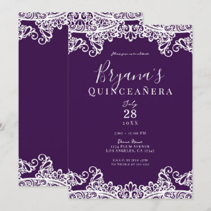 Pflaumen Purpur Goldene Spitze Elegante Quinceañer Einladung