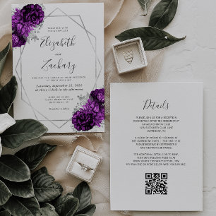 Pflaumen-Silber-Blumen-Hochzeit mit weißem QR-Code Einladung