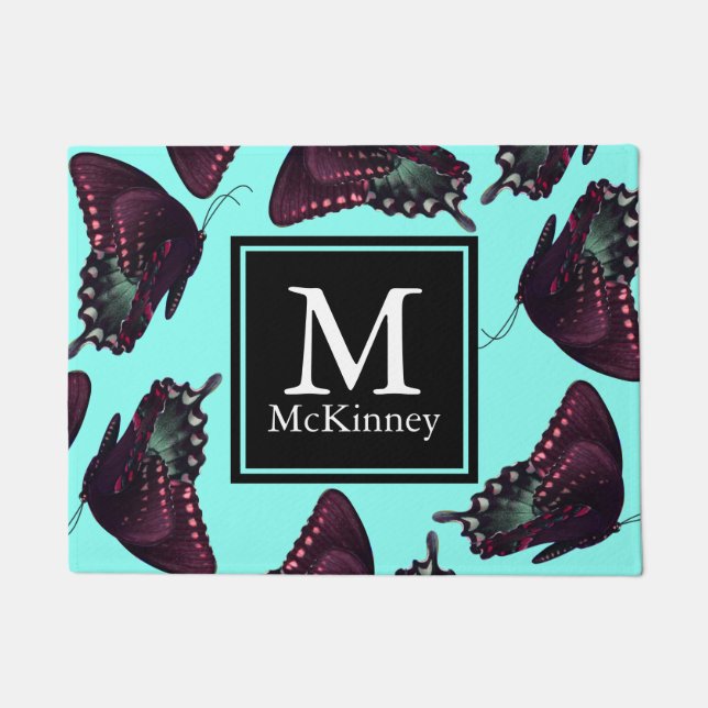 Pflaumen und Aquamarine Schmetterlinge Personalisi Fußmatte (Vorderseite)