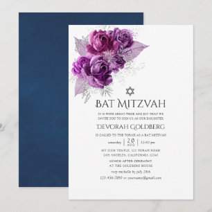 Pflaumen- und Marine-Wasserfarben-Blumen-Bat-Mizwa Einladung