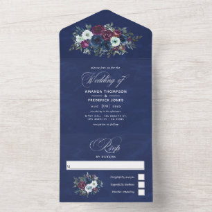 Pflaumen- und marineblaue florale Hochzeit Alles i All In One Einladung