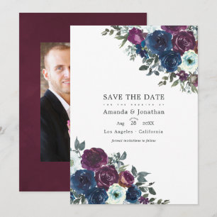 Pflaumen- und Marineblaue Florale Hochzeitsfotogra Save The Date