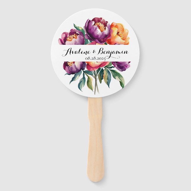 Pflaumen und Orangefarbene Peony Bouquet Wedding Fächer (Vorderseite)