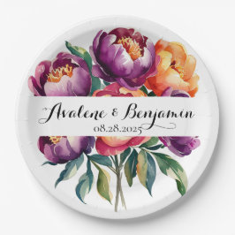 Pflaumen und Orangefarbene Peony Bouquet Wedding Pappteller