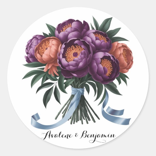 Pflaumen und Orangefarbene Peony Bouquet Wedding Runder Aufkleber (Vorderseite)
