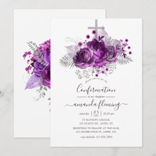 Pflaumen- und Silber-Aquarell-Blumen-Konfirmation Einladung