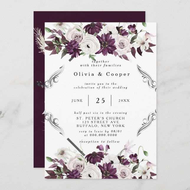 Pflaumen und Silber Geometric Floral Wedding Einladung (Vorne/Hinten)