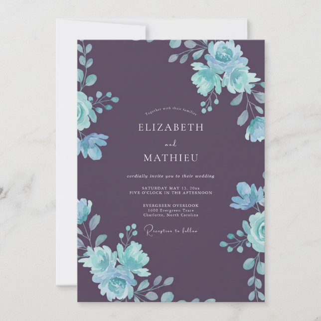 Pflaumenblaue Blätterhochzeit Einladung (Vorderseite)