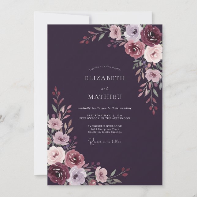 Pflaumenfarbene Lavendel-Hochzeit Einladung (Vorderseite)