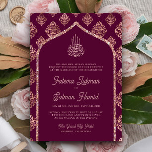 Pflaumenfarbene Rosa Goldene Damast-Bogen-Muslim-H Einladung