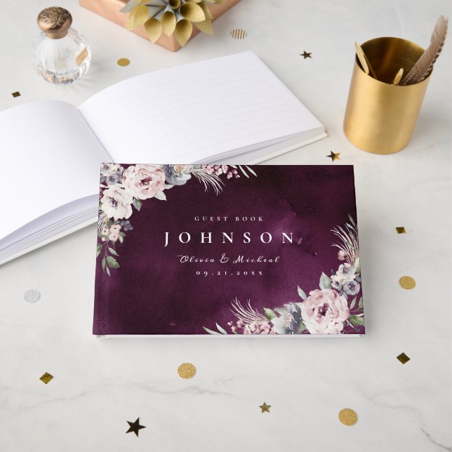 Pflaumengewächse Hochzeit mit rosa Blumenkohl Gästebuch (Vorderseite Offen)