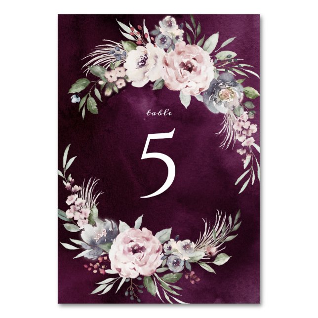 Pflaumengewächse Hochzeit mit rosa Blumenkohl Tischnummer (Vorderseite)