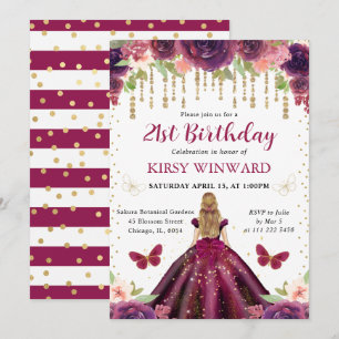 Pflaumenkleid Blondhaarige Prinzessin Geburtstag Einladung