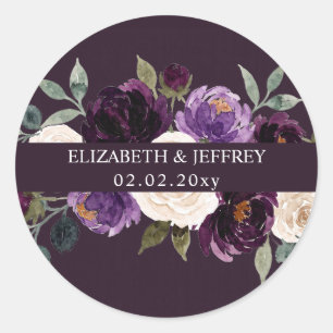Pflaumenlila Elfenbein Aubergine Floral Hochzeit Runder Aufkleber