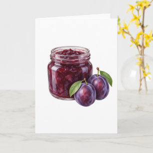 Pflaumenmarmeladenglas und reife Pflaumen Karte