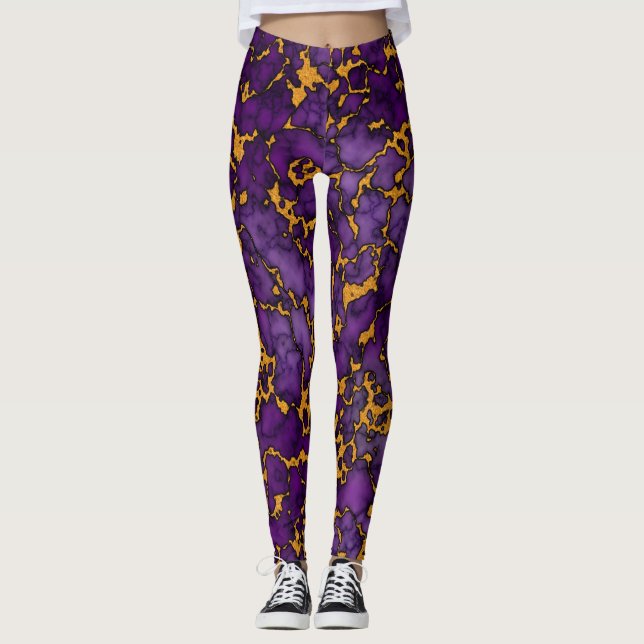 Pflaumenmuster, Lila und Gold-Marmor-Textur Leggings (Vorderseite)