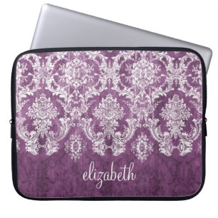 Pflaumenmuster mit weißem Grunge Damask und Name Laptopschutzhülle