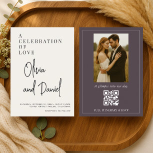 Pflaumenpurpur Schrift Foto QR Code Hochzeit Einladung