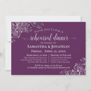 Pflaumenpurpur- und Silber-Hochzeitsprobe & -Dinne Einladung