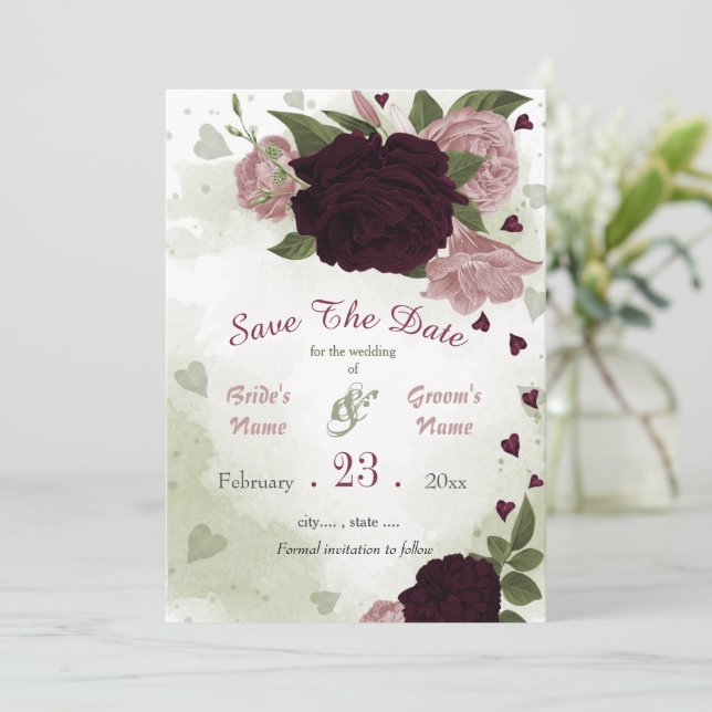 Pflaumenrosa Blume Grüne Blätter botanisch Save The Date (Stehend Vorderseite)