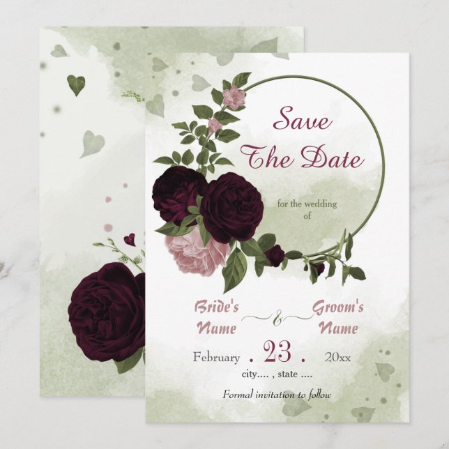 Pflaumenrosa Blume Grüne Blätter botanischer Kranz Save The Date (Vorne/Hinten)