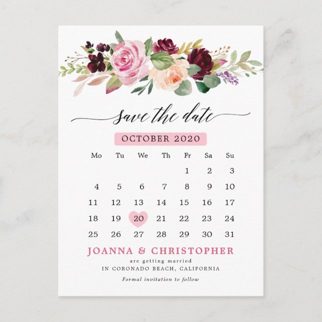 Pflaumenrosa Blumenkalender Save the Date Ankündigungspostkarte (Vorderseite)