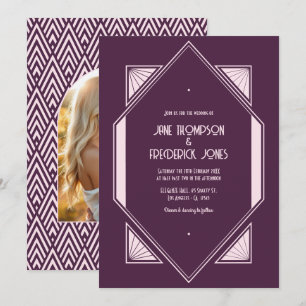 Pflaumenvelours & Sanfte Röte Art Deco Hochzeitsfo Einladung