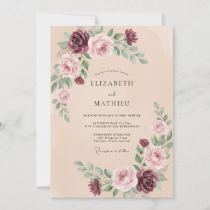 Pflaumenweiche Malven-Ranunkel-Eukalyptus-Hochzeit Einladung