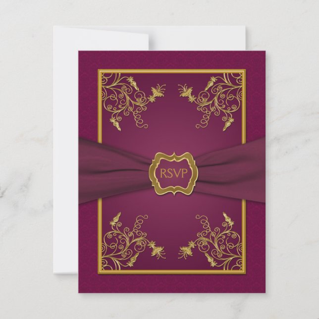 Pflaumenwein Damask und Gold Medallion Replik-Kart RSVP Karte (Vorderseite)