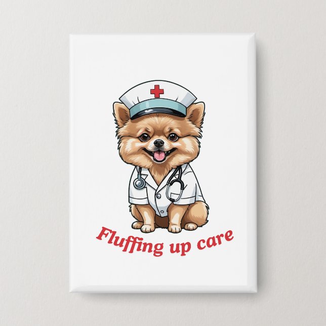 Pflege Cartoon mit Spitz Dog Design Button (Vorderseite)