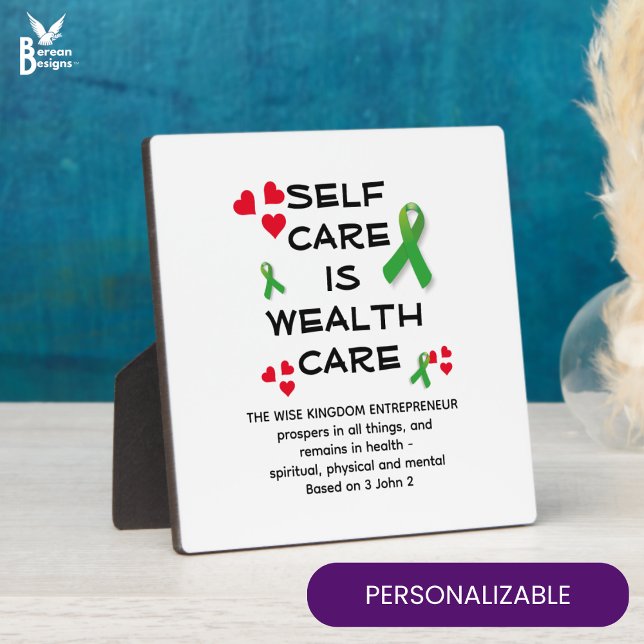 PFLEGE IM SELBSTVERSORGUNGSBEREICH Christlich Fotoplatte (SELF CARE IS WEALTH CARE mental health plaque for busy business owners with CUSTOM CHRISTIAN TEXT)