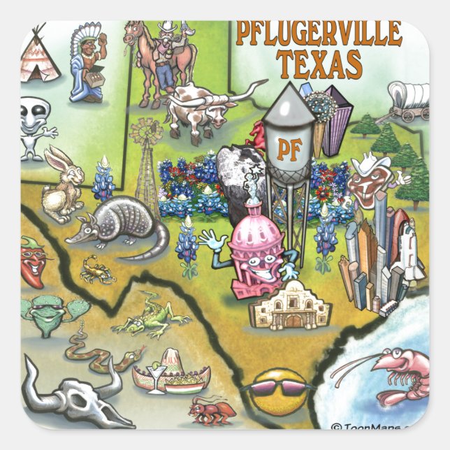 Pflugerville Texas Cartoon Karte Quadratischer Aufkleber (Vorderseite)