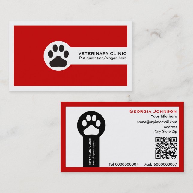 Pfote und QR-Code rote Vet-/Tierklinik  Visitenkarte (Vorne/Hinten)