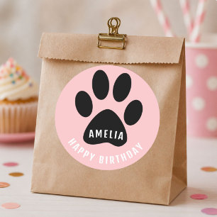 Pfotenabdruck Rosa Happy Birthday Aufkleber mit Na