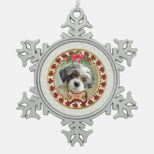 Pfotenabdrücke und goldener Rahmen, benutzerdefini Schneeflocken Zinn-Ornament
