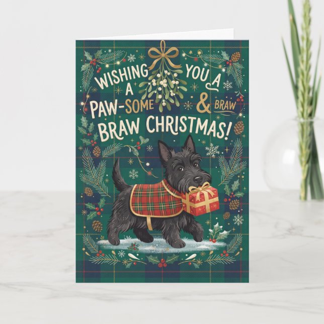 Pfotenweihnachtskarte des Schottischen Terriers Karte (Vorderseite)