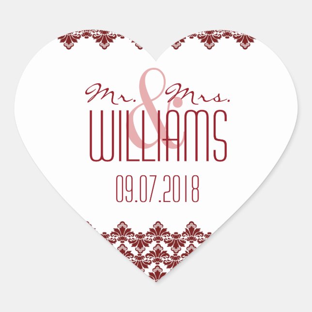 PH&D Wedding Heart Sticker Burgundy 2 Damask (Vorderseite)