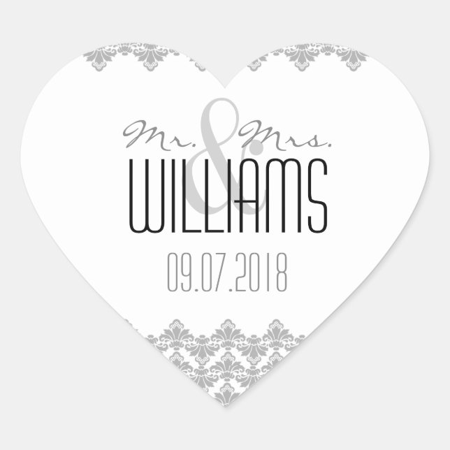PH&D Wedding Heart Sticker Grau 2 White Damask (Vorderseite)