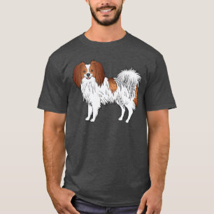 Phalène Hund in Farbe rot und weiß mit Mütze über T-Shirt